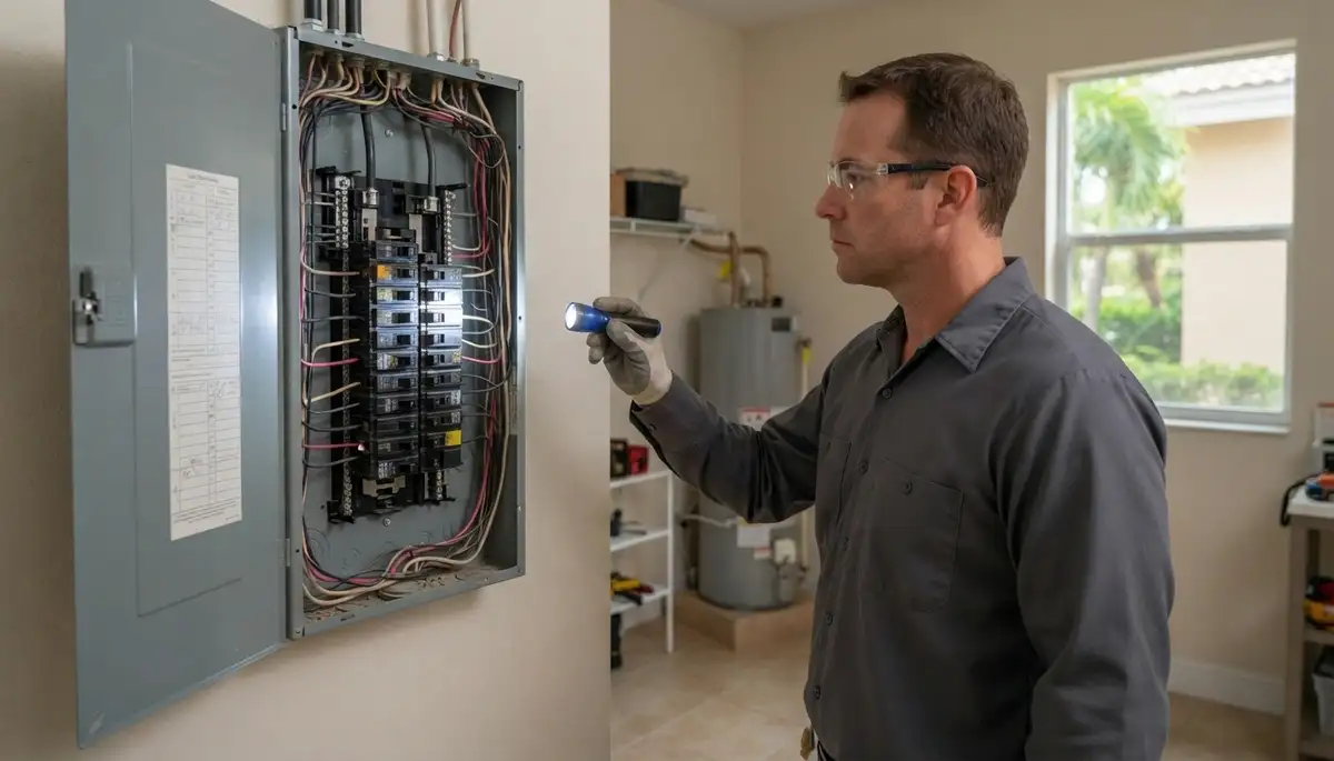 Electrician inspecting an open electrical panel during a whole-home inspection in Fort Lauderdale, FL