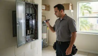 Electrician inspecting a home electrical panel during a whole-home inspection in Opa-locka, FL