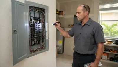 Electrician inspecting a Pembroke Pines, FL home's electrical panel during a whole-home safety inspection