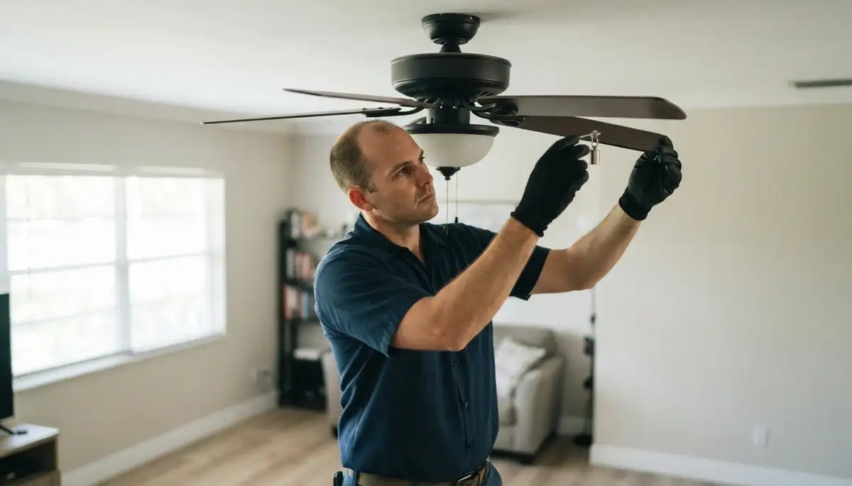Electrician balances ceiling fan blades and checks the canopy in Fort Lauderdale, FL